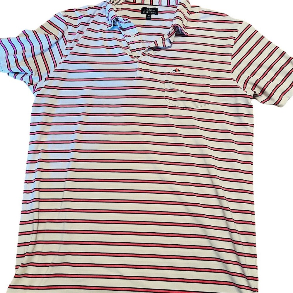 Fish Hippie Polo Shirt Men's M White Pink Navy Striped Short Sleeve Pocket